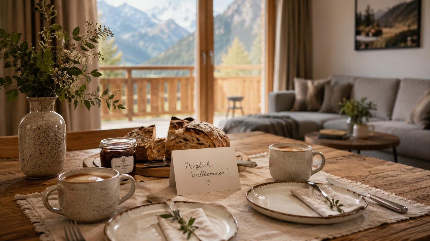 Gedeckter Frühstückstisch mit Bergblick in einer bleibenswert-Ferienwohnung