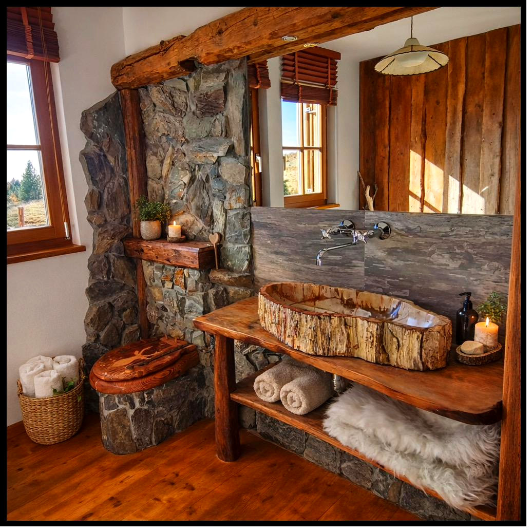 Waschbereich mit Natursteinwand