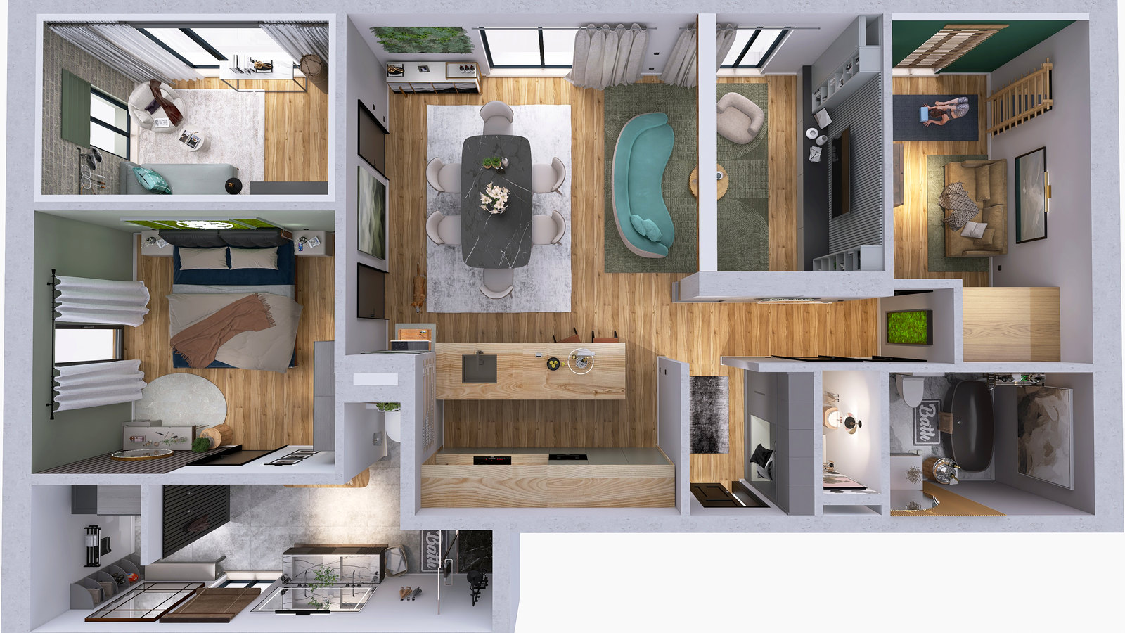 Visualisierter 3D-Grundriss des zusammengelegten Apartments von oben
