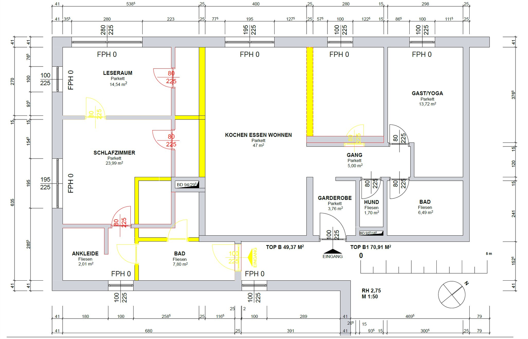 Maßstäblicher CAD-Grundriss mit Bemaßung und Raumaufteilung