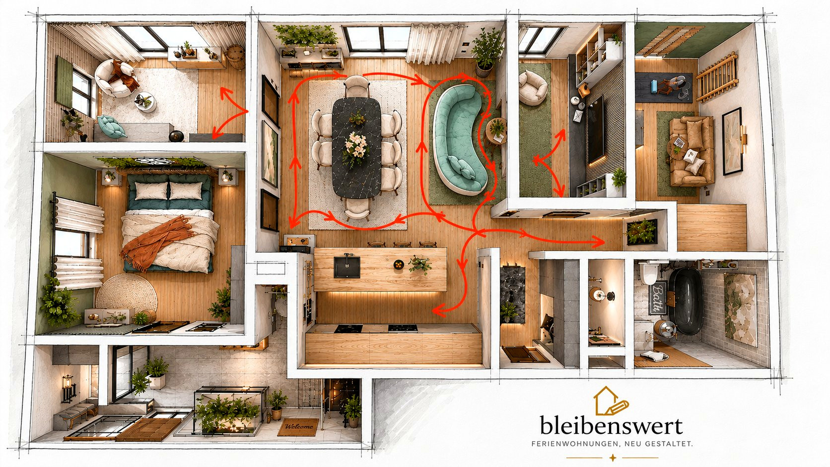 3D-Grundriss mit rot eingezeichnetem Hunde-Laufweg durch das Apartment