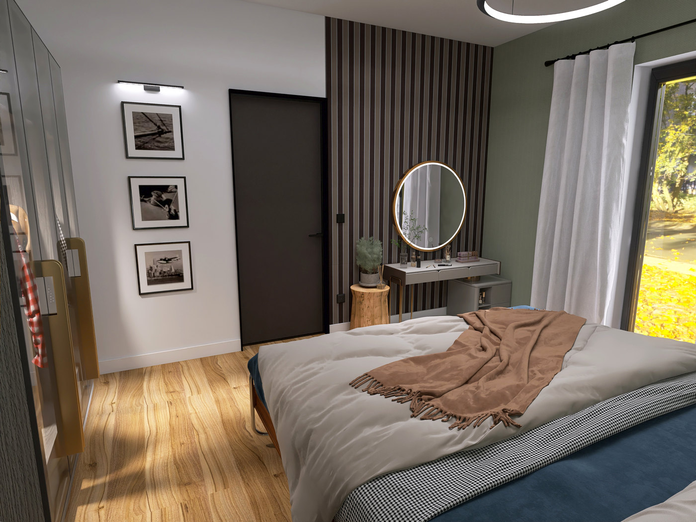 Schlafzimmer mit beleuchtetem Spiegel und Akzentwand