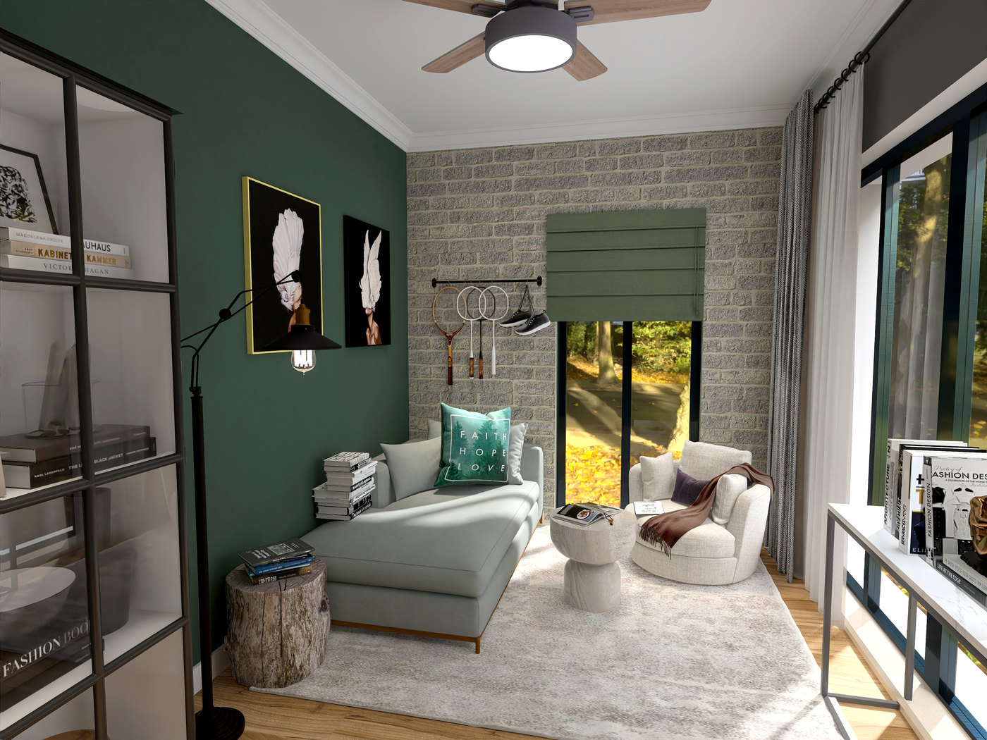 Leseraum mit Chaiselongue und Bücherwand