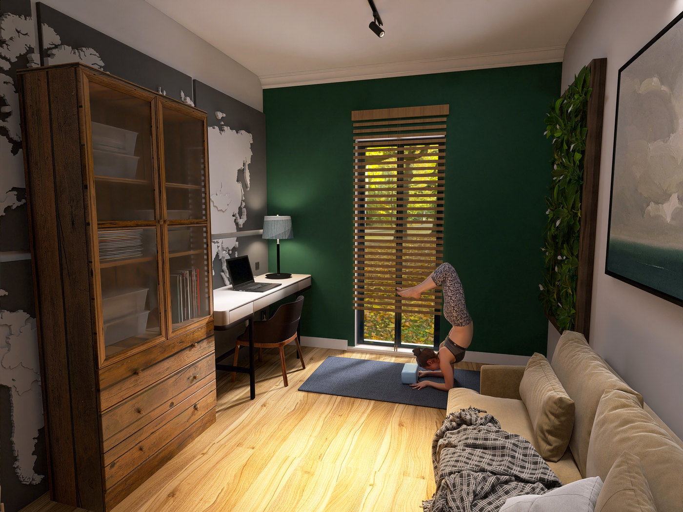 Yoga- und Gästezimmer mit grüner Wand