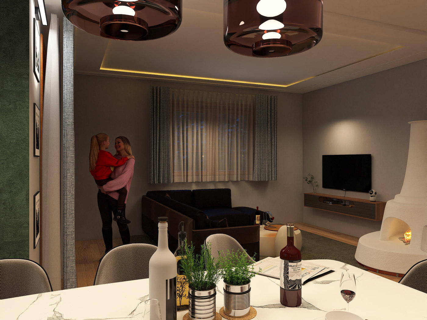 Visualisierung: Wohnzimmer vom Esstisch aus mit Ofen, TV und Sofa