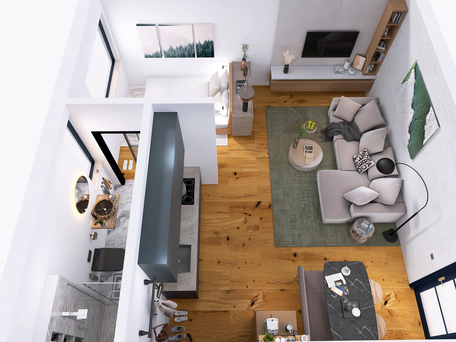 Visualisierte Aufteilung des Apartments von oben